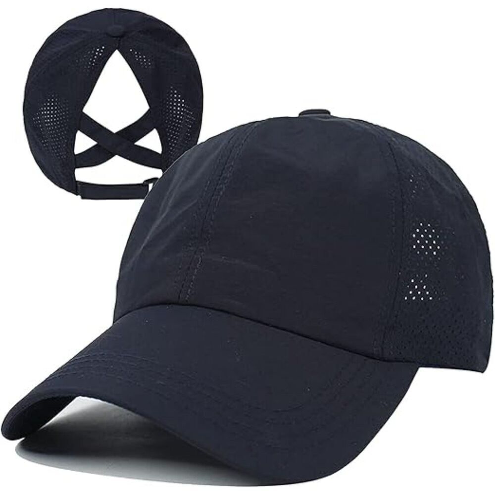 Women's Navy Blue Crises Cross Ponytail Adjustable High Messy Bun Baseball Cap
